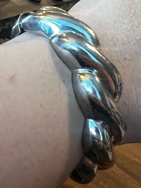 VTG Braided Silver Tone Metal Hinge Cuff Clamp Bangle Bracelet Y2K Chunky 18 in